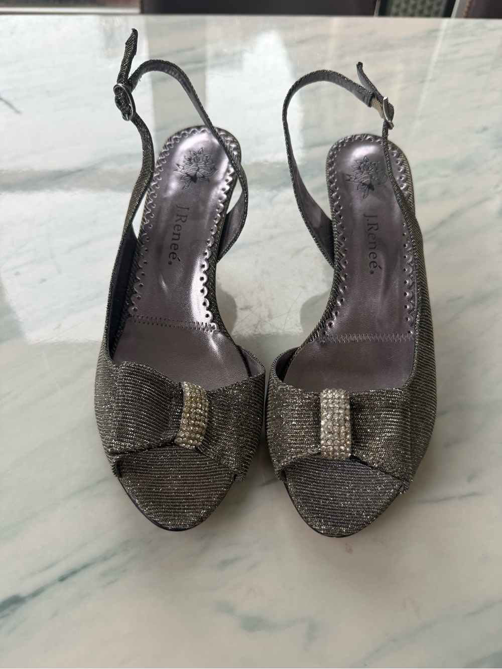 J.Renee Metallic Silver Peep-Toe Slingback Heels with Bow Accent